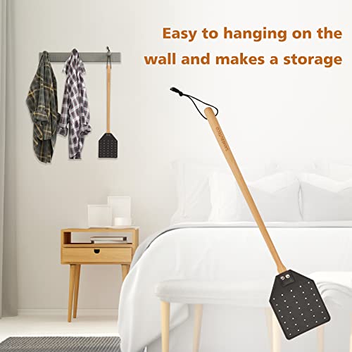 SAMEBUTECO Heavy Duty Leather Fly Swatter Black with Bench Wood Handle 19.7" Length, Fly Catcher and Insects Catcher with Ease