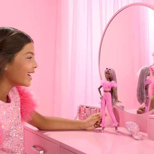 Barbie Deluxe Style Doll #4 in Barbiecore Outfit, Pink and Brown Braids, Soft Pink Top and Pant Set with Furry Collar and Fun Accessories