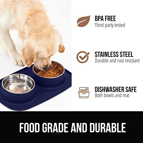 Gorilla Grip 100% Waterproof BPA Free Cat and Dog Bowls Silicone Feeding Mat Set, Stainless Steel Bowl Slip Resistant Raised Edges, Catch Water, Food Mess, No Spills, Pet Accessories, 4 Cup, Navy