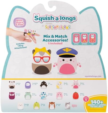 SQUISH-A-LONGS 14 Pack - 1” Mini-Squish with 4 Accessories, 1 Ring, and a Collector’s Guide - Collect, Trade, & Play
