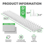 Petfolio 32 Pack Bird Deterrents for Outside Patio - 35ft Transparent Balcony Pigeon Deterrent Spikes to Keep Birds Away. Anti Bird Spikes for Pigeons and Other Small Birds, Crows, Woodpeckers & Cats