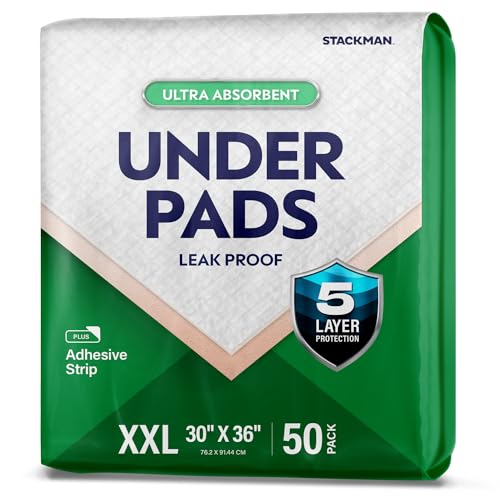 XXL Bed Pads, 5-Layer Disposable 30 x 36 Chucks Pee Pads for Incontinence Bed Wetting for Adults, Elderly & Kids [50 Pads] Heavy-Duty Extra Large Underpads - 30x36 - With 2 Adhesive Strips on Each Pad