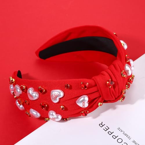 Valentine’s Day Heart Headbands for Women Valentine’s Day Accessories Jeweled Beaded Heart Knotted Headband Pink Red Rhinestone Wide Top Knot Headband Valentine Party Favors Gifts (Pearl Heart)