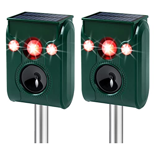 PGFIT 2 pack Solar Animal Repeller Ultrasonic Outdoor Animal Repellent Waterproof Movement LED Flashing Alarm Sound Activated Applicable toDeer,Cat,Bird,Rabbit,Squirrel,Skunk.Protecting Lawn Orchards。