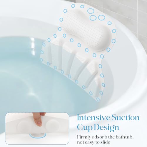 Bath Pillow Luxury Bathtub Pillow, Bath Pillows for Tub Head Neck and Back Support, Non-Slip Soft Silicon Bath Tub Pillow with Strong Suction Cup, Bath Accessories Spa Gifts, White