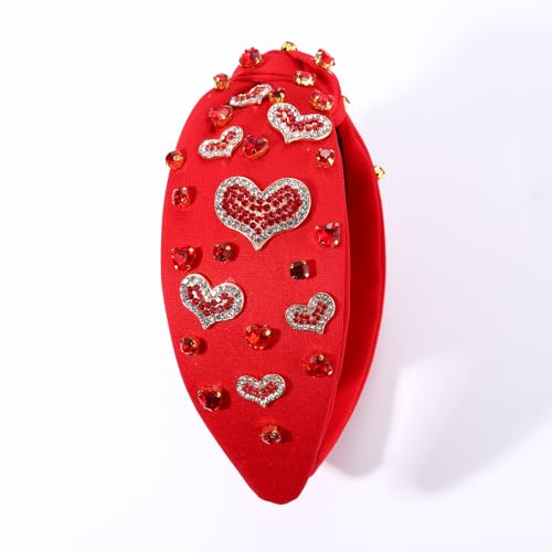 Valentine’s Day Heart Headbands for Women Valentine’s Day Accessories Jeweled Beaded Heart Knotted Headband Pink Red Rhinestone Wide Top Knot Headband Valentine Party Favors Gifts (Valentine's 2)