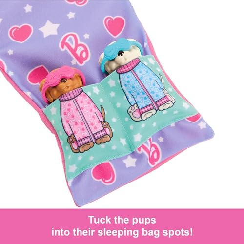 Barbie Doll & Playset with 2 Toy Dog Figures & 10+ Accessories, Puppy Slumber Party with Color-Change Feature, Sleeping Bag, Eye Masks & More