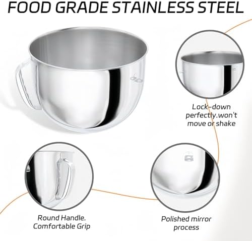 7QT Stainless Steel Mixer Bowl and Bowl Lid Covers for Kitchenaid Stand Mixers, Kitchen Aid Mixing Replacement Bowl for 7QT Lift Mixer with Handle, Dishwasher safe.