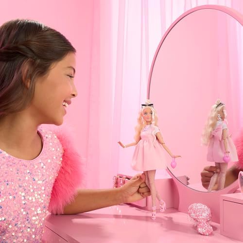 Barbie Deluxe Style Doll #3 in Barbiecore Outfit, Blond Hair in Top Knot, Pink Pastel Dress with Oversized Bow and Accessories Like Mesh Tights