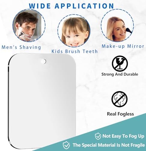 Shower Mirror Fogless for Shaving, Medium 8 in x 6 in Mirror for Wall Hanging, Frameless Portable Travel Camping Mirrors Shatterproof Handheld Locker Shave Mirror Makeup Plastic Anti Fog Free Bathroom