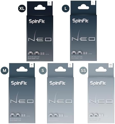 SpinFit NEO for IEM - M - Silicone Patented Eartips for Replacement, Secure Fit and Supreme Comfort, Reduce Allergic Reaction, One Set Fits Normal and Thin Nozzles (1 Pair)(with Inserts)