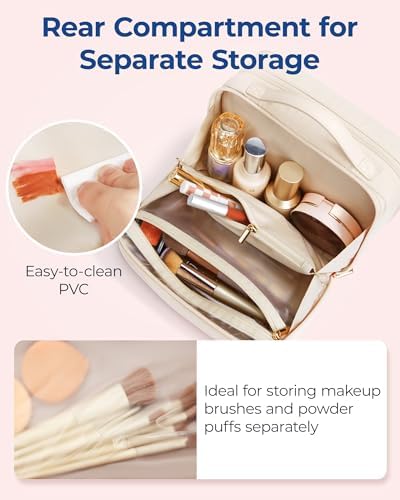 BAGSMART Travel Makeup Bag Large Capacity Cosmetic Bag, Wide-open Portable Make Up Bag Organizer for Women for Travel Essentials Travel-Size Toiletries Accessories Bottles, Brushes (Beige)