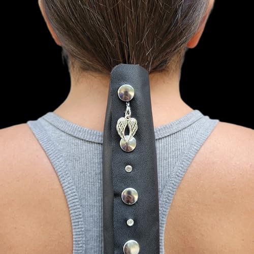 Black 11" inch Leather Ponytail Hair Wrap for Long Hair - HANDMADE Motorcycle Hair Protector for Women | Jeweled Genuine Leather Motorcycle Ponytail Holder Hair Accessories | Biker Gear MADE IN USA