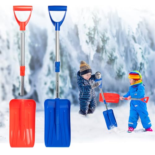 Adjustable Length Kids Snow Shovel with D-Grip Handle for Kids Outdoor Yard Garden Activities, 28.4-33.1 inch Plastic Snow Shovel Detachable, Red & Blue (Age 3+, 2 Packs)
