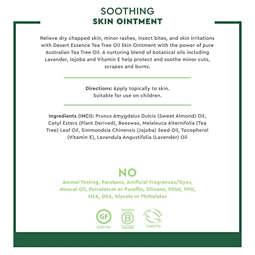 Desert Essence Soothing Skin Ointment, 1 fl oz (2 Pack) Gluten Free - Topical Balm with Cleansing Australian Tea Tree Oil - Relief of Dry, Chapped Skin, Minor Rashes, Insect Bites & Skin Irritations