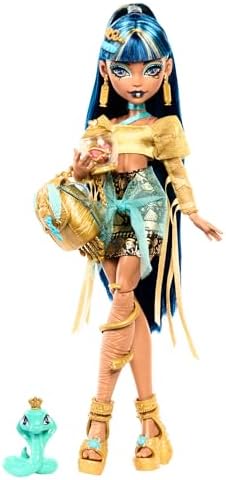 Monster High Cleo De Nile Doll in Golden Blouse & Layered Skirt, Includes Pet Cobra Hissette & Accessories Like a Backpack, Snack & Scroll