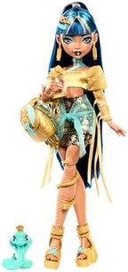 Monster High Cleo De Nile Doll in Golden Blouse & Layered Skirt, Includes Pet Cobra Hissette & Accessories Like a Backpack, Snack & Scroll