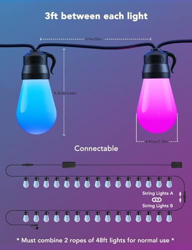 Govee Smart Outdoor String Lights H7021, RGBIC Warm White 96ft (2 Ropes of 48ft) LED Bulbs for Halloween Decorations, Christmas, WiFi Patio Lights Work with Alexa, Google, APP Control, IP65 Waterproof