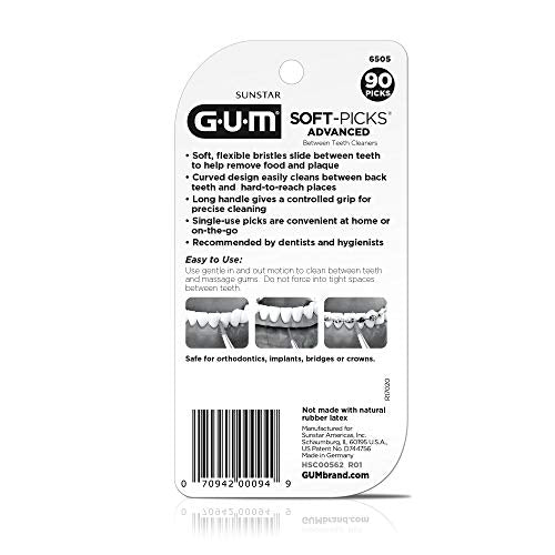 GUM Soft-Picks Advanced, Easy to Use Dental Picks for Teeth Cleaning and Gum Health, Disposable Interdental Brushes with Convenient Carry Case, Dentist Recommended Dental Floss Picks, 90ct (3pk)
