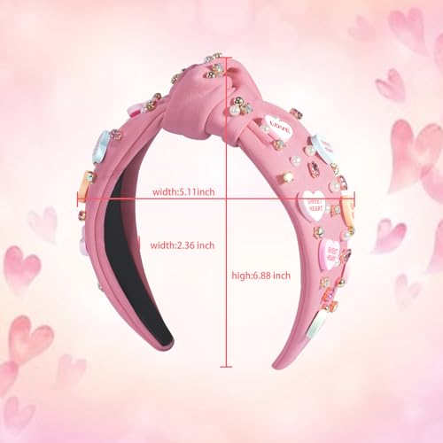 Valentine’s Day Headband for Women Girls Top Knot Jeweled Rhinestone Velvet Plush Hair Accessories Pink Red Heart Clothes Outfit