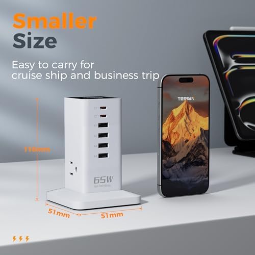 USB Charging Station for Multiple Devices PD 65W, TESSAN 9-in-1 USB C Charger Block for iPhone 16/15, MacBook, Tablet, Type C Desktop Charger with 3 AC, Home Travel Office Accessories, White