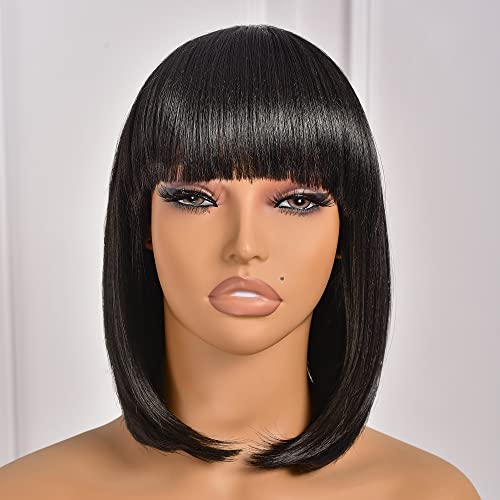 ToyoTress Black Bob Wigs With Bangs - 14 Inch Shoulder Length Light Yaki Straight Hair Daily Costume Wig For Black Women, Synthetic Hair Replacement Wigs Heat Resistant (14 Inch, 1B)