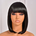 ToyoTress Black Bob Wigs With Bangs - 14 Inch Shoulder Length Light Yaki Straight Hair Daily Costume Wig For Black Women, Synthetic Hair Replacement Wigs Heat Resistant (14 Inch, 1B)