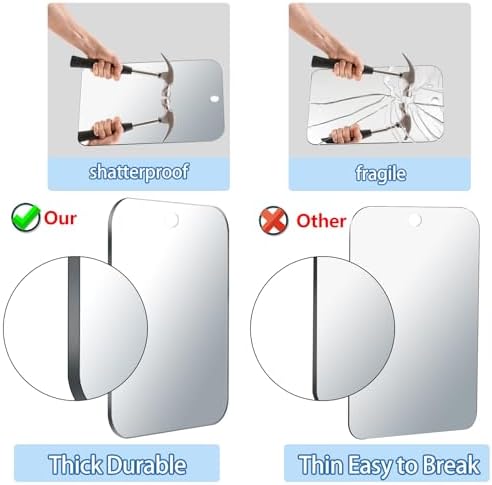 Shower Mirror Fogless for Shaving, Medium 8 in x 6 in Mirror for Wall Hanging, Frameless Portable Travel Camping Mirrors Shatterproof Handheld Locker Shave Mirror Makeup Plastic Anti Fog Free Bathroom