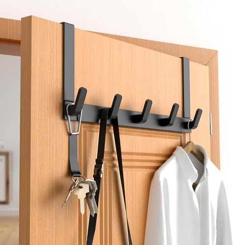 Over The Door Hooks Hanger with Extended Arms, Fits 1 3/4" Doors - Bathroom Accessories and Towel Rack Organizer Holder for Coat Robe Hat - 1 Pack, Matte Black