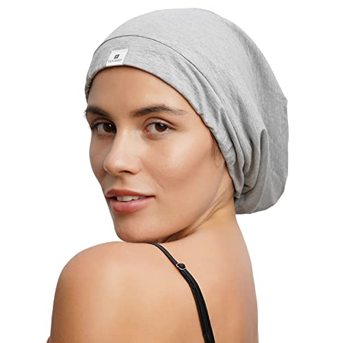 YANIBEST Silk Satin Bonnet Hair Cover Sleep Cap - Light Grey Adjustable Stay on Silk Lined Slouchy Beanie Hat for Night Sleeping