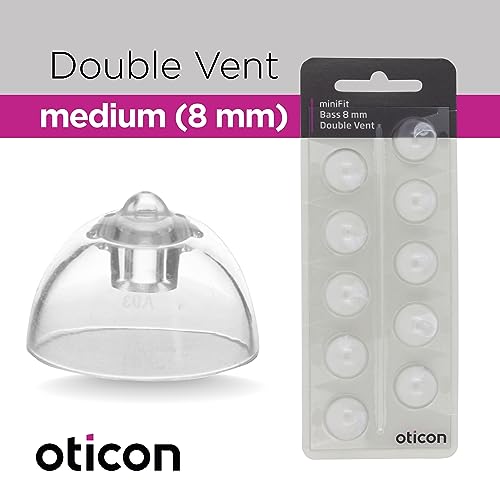 Genuine Oticon Hearing Aid Domes MiniFit Double Vent Bass 8mm (0.31 inches - Medium), Oticon Branded OEM Denmark Replacements, Authentic Accessories for Optimal Performance -2 Pack/20 Domes Total