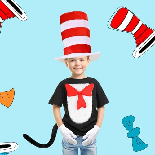 4 Pcs Cat Costume Set Include Top Hat,Oversized Bowtie with Fur,Gloves and Tail for Kids World Book Day Dress Up