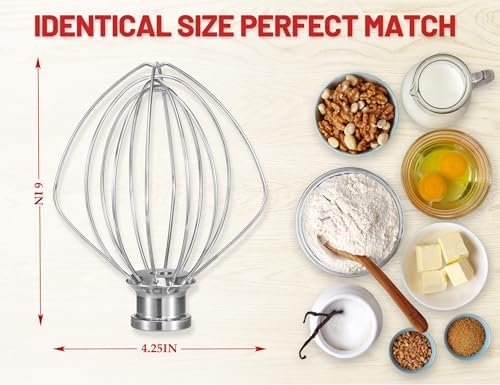 Stainless Steel Whisk Attachment Fits KitchenAid, 6 Wire Whip for 4.5 5 Quart KitchenAid Tilt-Head Stand Mixer，K45WW Kitchen Aid Accessories and Attachments Replacement Parts, Dishwasher Safe