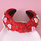 Valentine’s Day Headband for Women Candy Love Conversation Heart Headband Jeweled Beaded Heart Knotted Headband Sparkly Red Pink Rhinestone Hairband Valentines Accessories Gifts