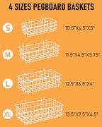INCLY 4 Pack Pegboard Baskets Bins Set, 4 Size Square Style Metal White Wire Basket for Any Peg Board Organizing Tools, Pegboard Accessories for Workbench Garage Wall Storage Attachments