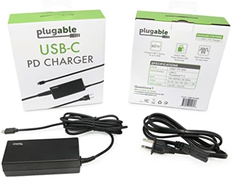 Plugable USB-C Chromebook Charger Replacement, 60W Type C Charger for Laptops, Compatible with USB-C Google Chromebooks Including Samsung, HP, Dell, Lenovo, Acer, Asus