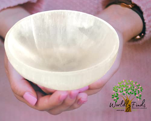 Selenite Crystal Smudge Bowl, Polished Thickly Hand-Carved, Moroccan Crystal Holder to Charge, Cleanse Crystals, Charging, Smudging Bowl, Spiritual Gifts, Wicca Supplies (5" Extra Large)