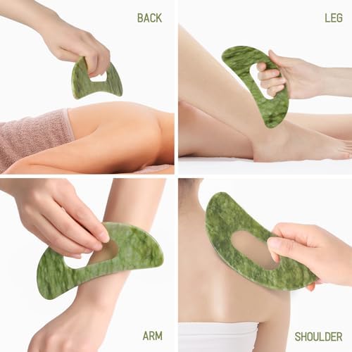 Jade Stone Gua Sha Massage Tool Set Larger Guasha Board with Handle Muscle Scraping Massage Tools Facial Anti Cellulite Spa Acupuncture Tools for Back Neck Face Leg Massage, Lymphatic Drainage