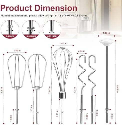 Hand Mixer Attachments Beater, Whisk, Blending Rod and Dough Hooks, Stainless Steel Hand Mixer Accessories Compatible with Kitchenaid Hand Mixers KHM3 KHM5 KHM7 KHM9, Set of 6