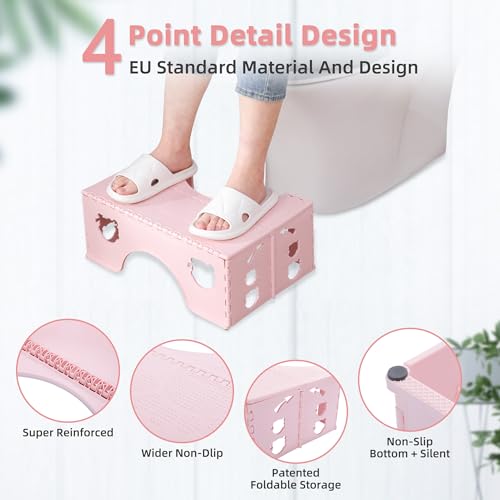 7inches Foldable Toilet Stool (Pink), Healthy Bathroom Squatting Posture Poop Stool with Anti-Slip Feet, A Good Helper to Effective Relief of Constipation, Easy to Storage Toilet Squat Stool
