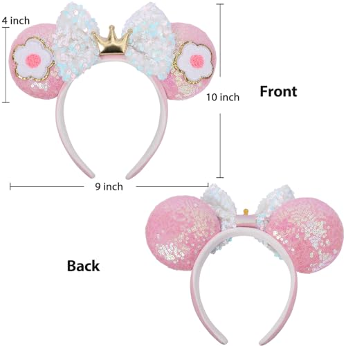 Flower Pink Sequin Mouse Ears Headband, 4" Park Ears, Handmade &, One Size Fits All, Great for Women Girls Birthday Parties, Hair Accessories, Cosplay