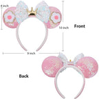 Flower Pink Sequin Mouse Ears Headband, 4" Park Ears, Handmade &, One Size Fits All, Great for Women Girls Birthday Parties, Hair Accessories, Cosplay