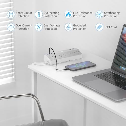 Desk Clamp Power Strip Tall, 40W Fast Charging Station,Desk Mount Desk Shelf with 6 Outlets 6USB Ports (2USB C), 10Ft Extension Cord Desk Accessories Home Office Essentials, Fit 2.48" Tabletop Edge
