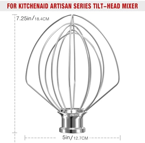 K5A Stainless Steel 6-Wire Whip Attachment for KitchenAid Bowl-Lift Mixer 5 Quart Bowl, Stainless Steel Whisk Replacement for Kitchen Aid Mixer, Dishwasher Safe, Egg Heavy Cream Beater.