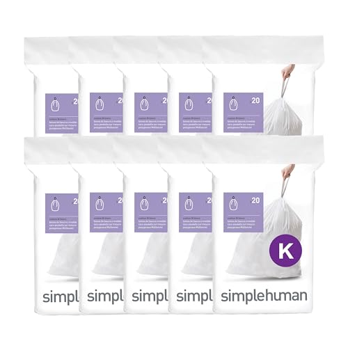 simplehuman Code K 200 Count, Genuine Custom Fit Liners, Drawstring Trash Bags in Dispenser Packs, 35-45 Liter / 9-12 Gallon, White