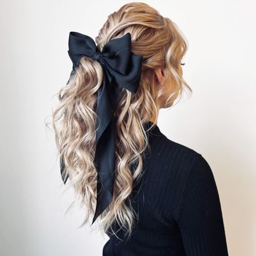 Silky Satin Hair Slides with Metal Clips - 4 Pieces Ribbon Barrettes, Large Bows, and Long Tail Accessories for Women and Girls (Black, White)