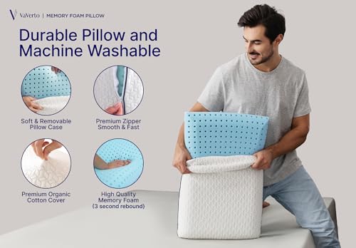 Vaverto Queen Size Gel Memory Foam Pillow - Ventilated, Orthopedic, Contoured Support, Cooling, Ideal for Side & Back Sleepers, with Viscose Made from Bamboo Cover - Essential for College Dorms