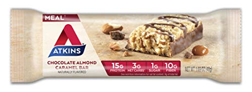 Atkins Chocolate Almond Caramel Protein Meal Bar, High Fiber, 15g Protein, 1g Sugar, 3g Net Carbs, Meal Replacement, Keto Friendly, 8 Count