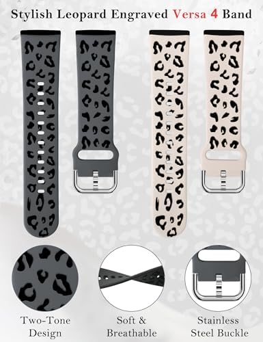 Minyee 2 Pack Leopard Engraved Band Compatible with Fitbit Versa 4/Versa 3/Sense 2/Sense Band Women, Two-Tone Cheetah Soft Silicone Sport Designer Fancy Summer Replacement Wristband Strap for Versa 4
