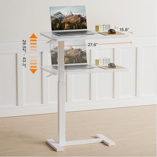 Simple Deluxe Overbed Bedside Table with Hidden Casters, Adjustable Pneumatic Mobile Laptop Computer Standing Desk, Rolling Laptop Table, Movable Overbed Table Hospital Home Use, White